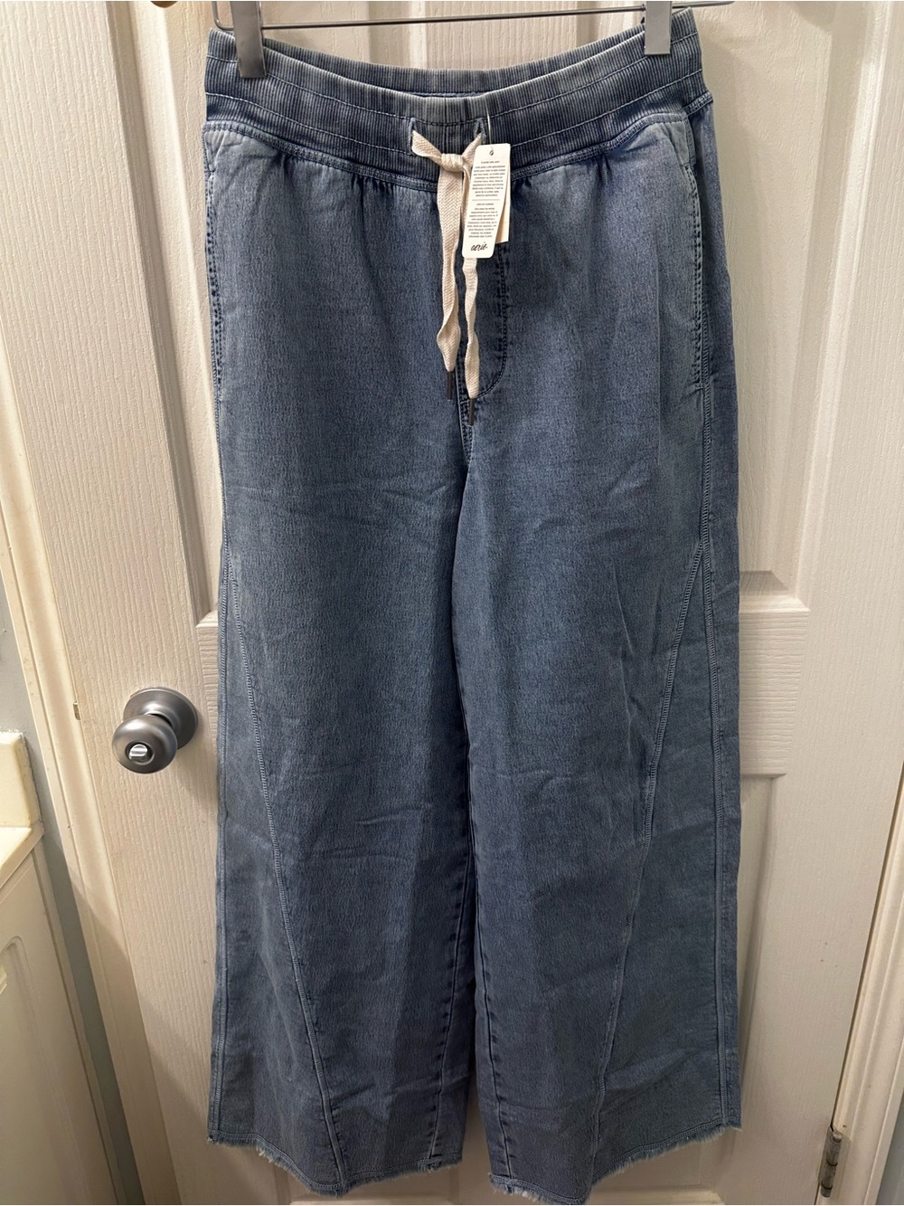 aerie Wide-Leg Flare Jeans in Washed Blue with Drawstring